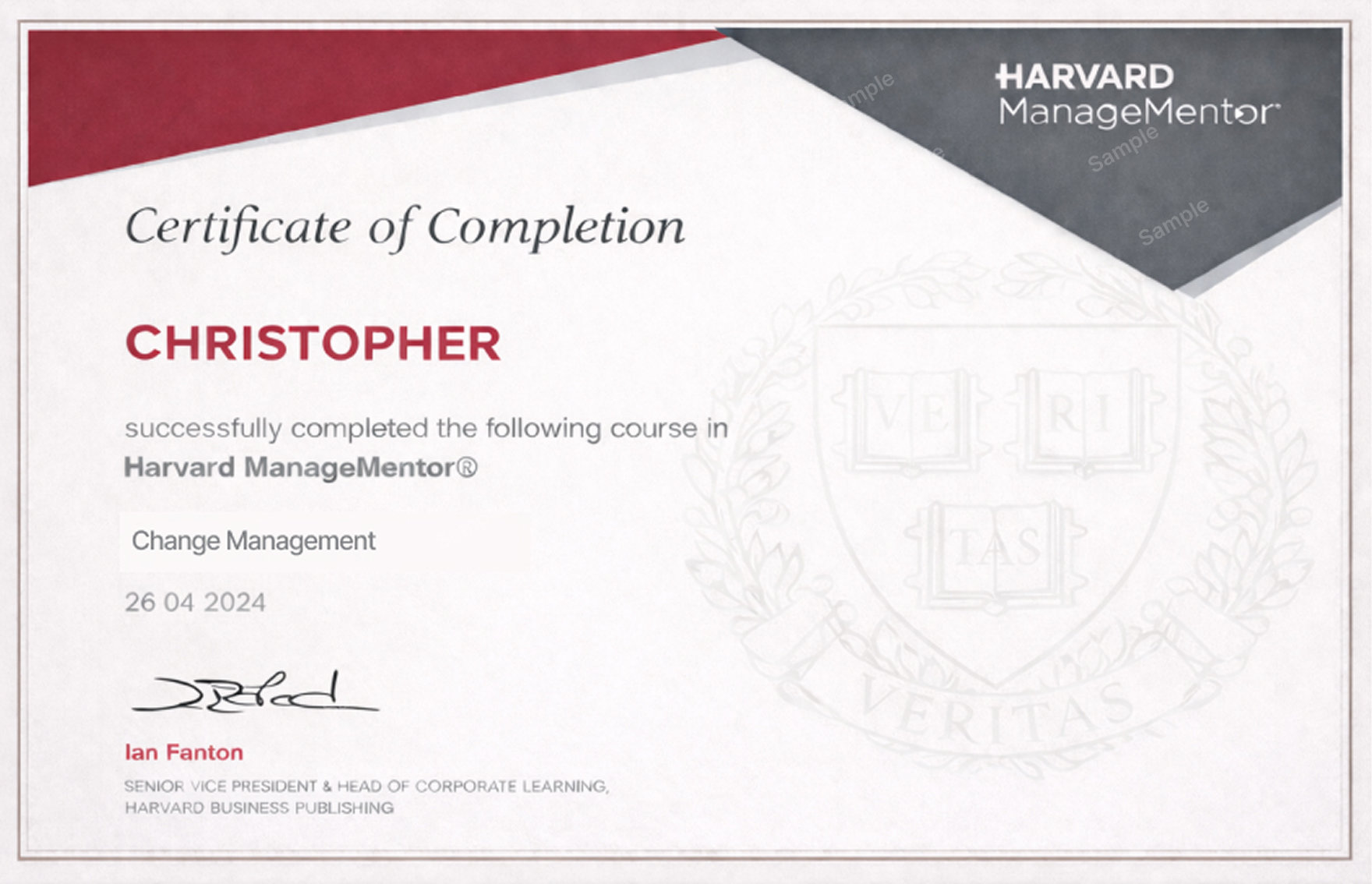 Harvard ManageMentor certificate for programme participants