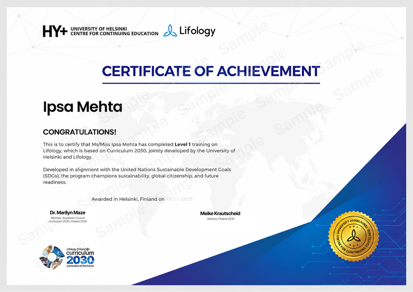 Certificate endorsed by University of Helsinki HY+